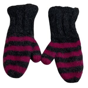 Striped Mohair Wool Knit Mittens Dark Grey Magenta Pink Lined Fold Over Cuff